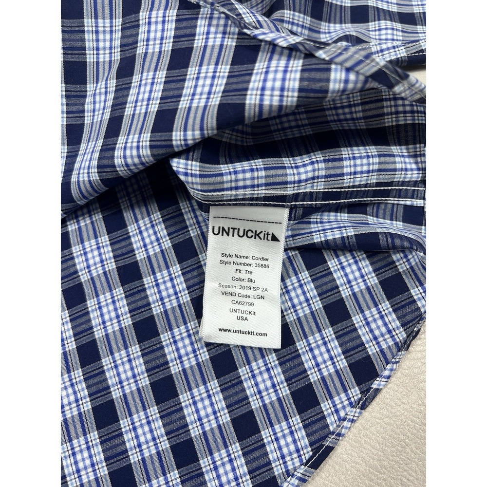 Untuckit Shirt Size XXL Blue Plaid Wrinkle Free Cordier Long Sleeve Button Up - Picture 5 of 7